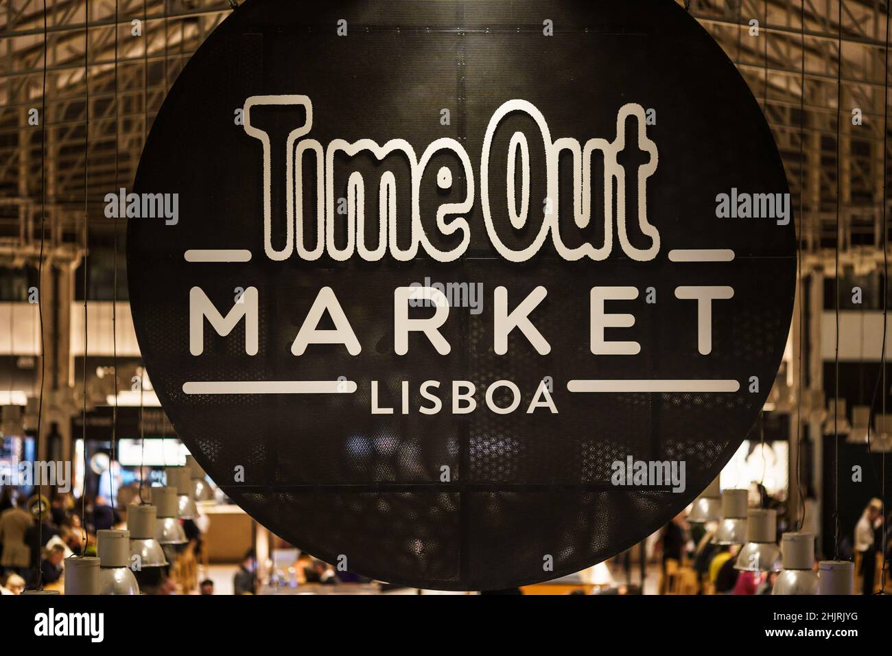 Lisbon, Portugal - November 20 2021: Interior view of the Time Out Market Lisboa, a trendy food hall located in the Mercado da Ribeira at Cais do Sodr Stock Photo