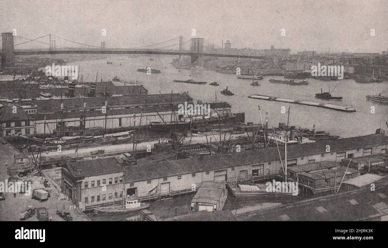 Striking Survey of East River, its docks, shipping and magnificent