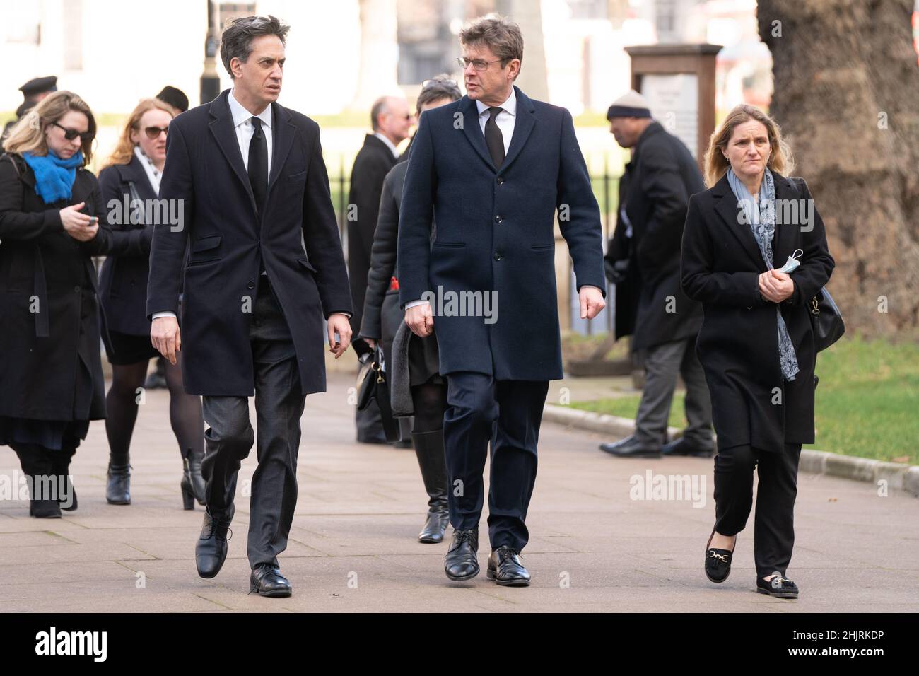 Ed Miliband (far left), Greg Clarke (centre) and Kim Leadbeater