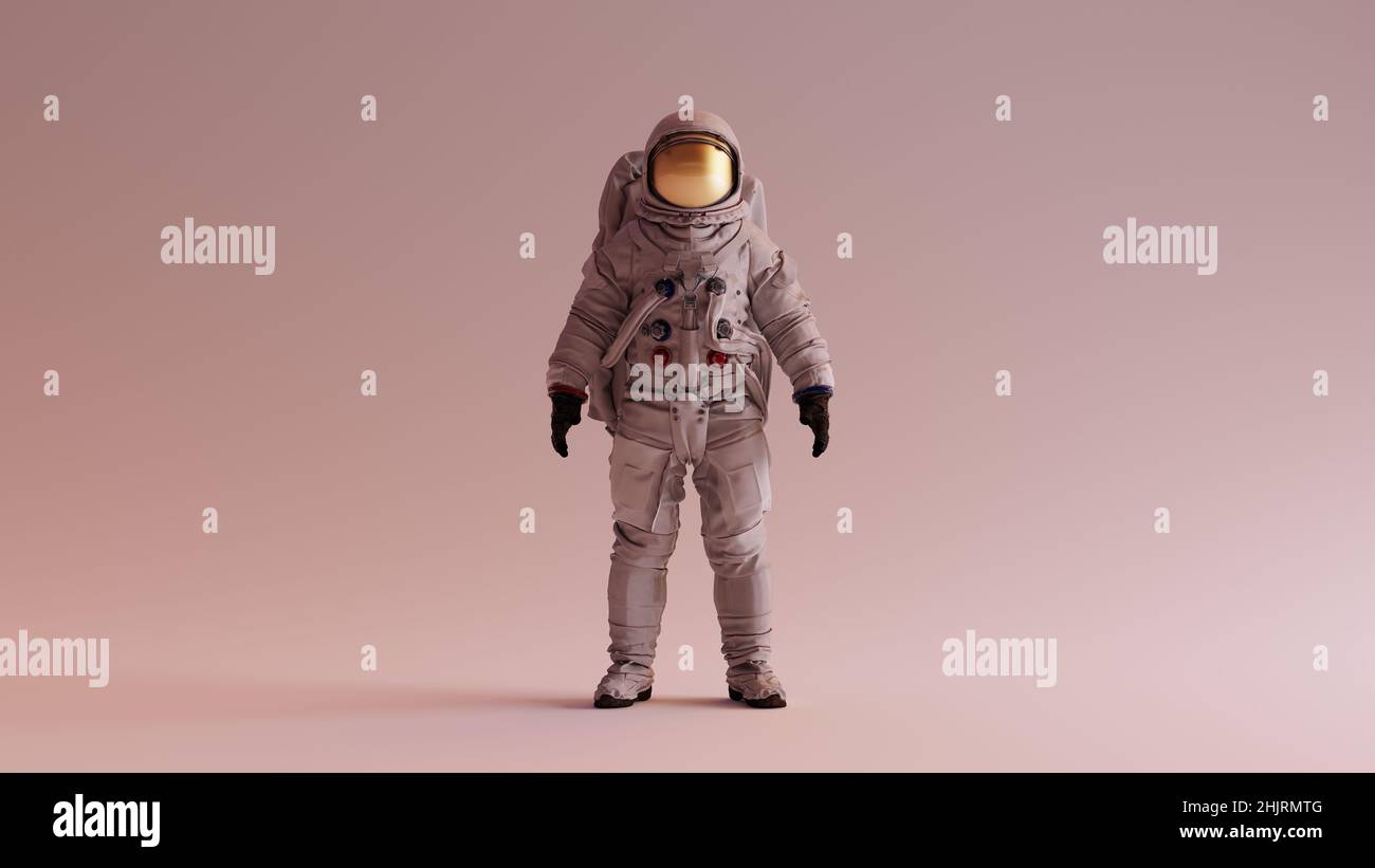 Astronaut with Gold Visor and White Helmet Spacesuit With Warm Background with Neutral Diffused Side Lighting Retro Spaceman Spacewoman Stock Photo