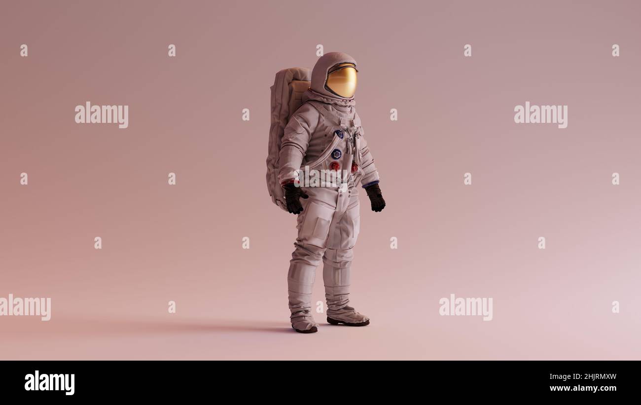 Astronaut with Gold Visor and White Helmet Spacesuit With Warm Background with Neutral Diffused Side Lighting Retro Spaceman Spacewoman Stock Photo