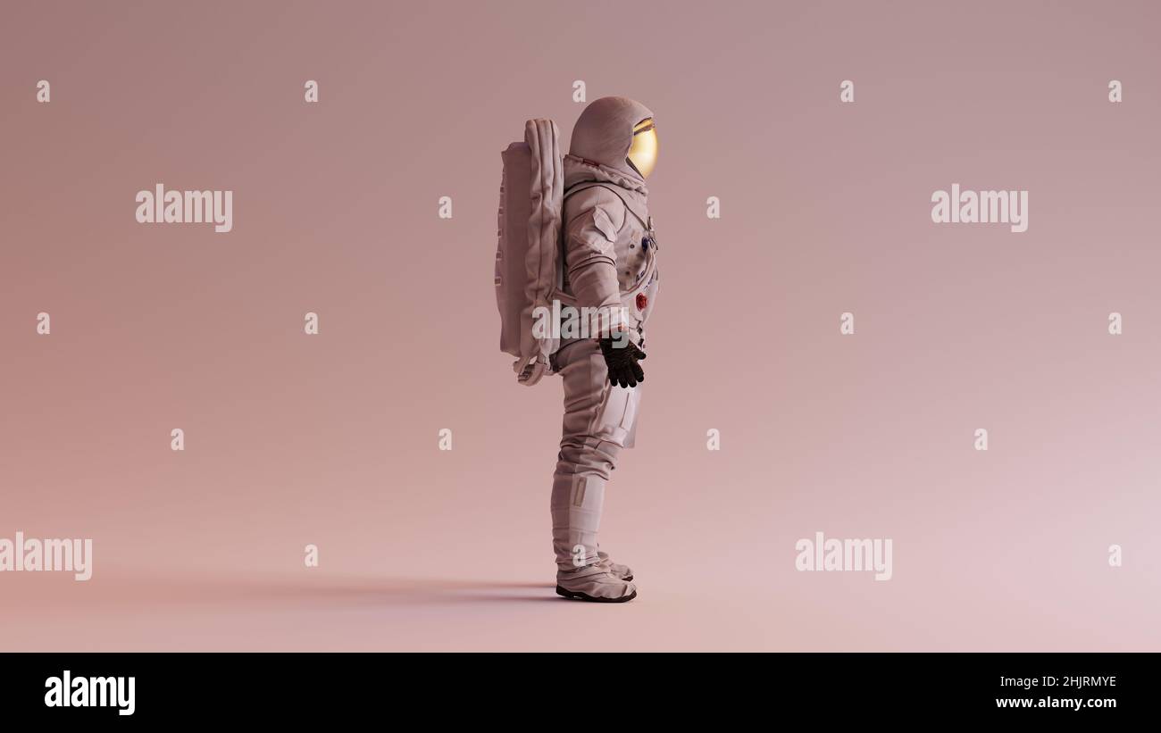 Astronaut with Gold Visor and White Helmet Spacesuit With Warm Background with Neutral Diffused Side Lighting Retro Spaceman Spacewoman Stock Photo