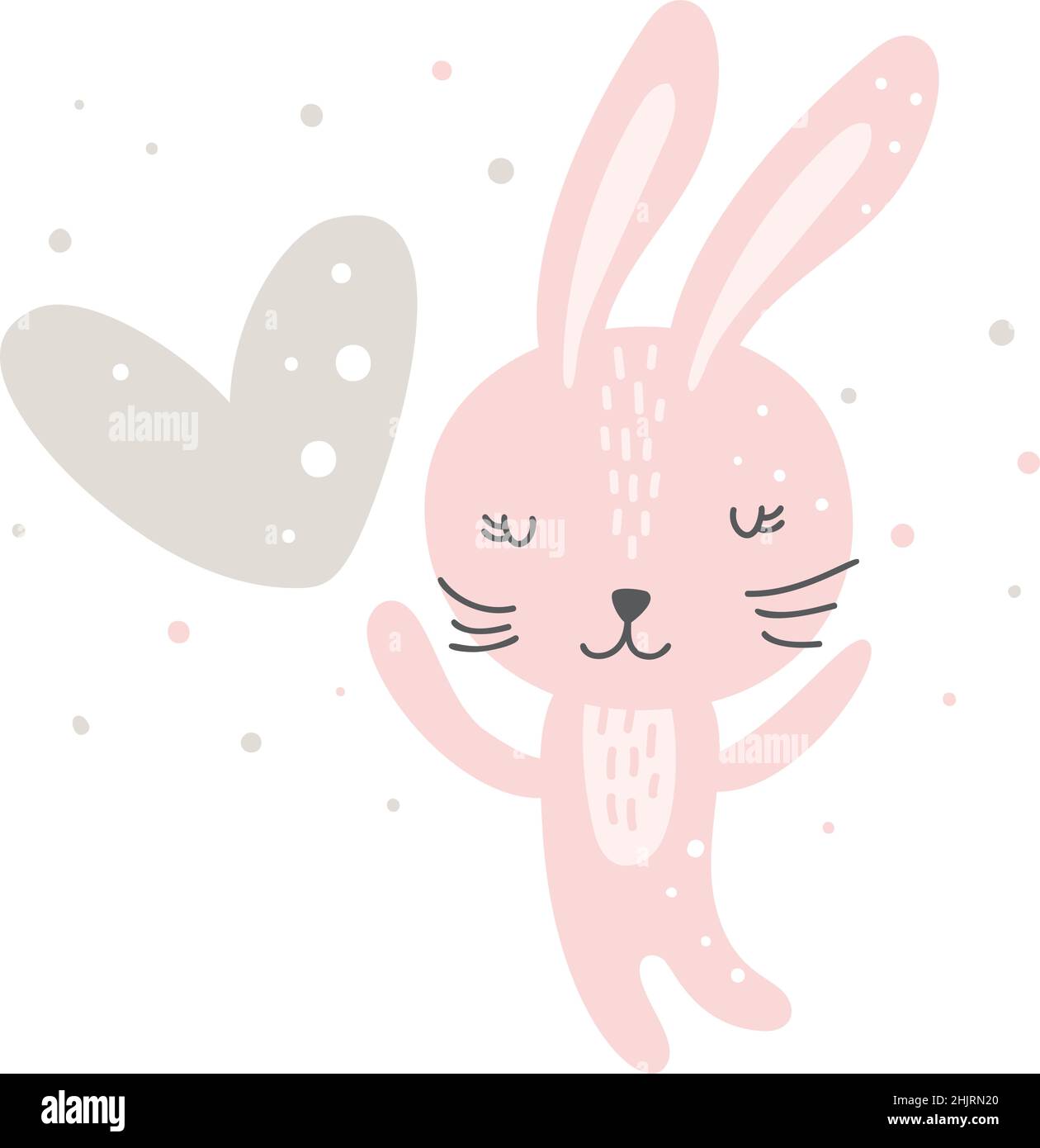 Cute valentine doodle hand drawn pink bunny girl with heart illustration. Sweet rabbit character holding a heart. Cartoon character baby vector logo Stock Vector