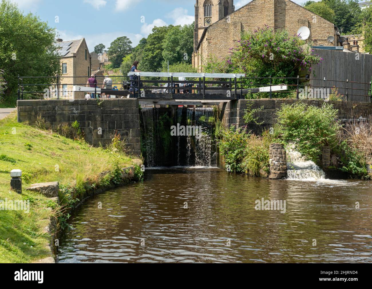 Summer view of Sowerby Bridge Locks on the Rochdale Canal Stock Photo