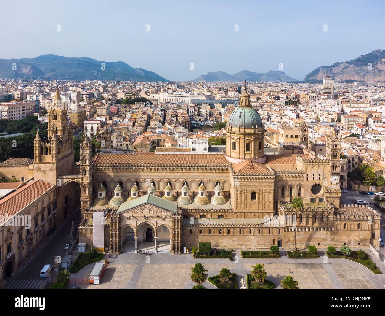 Dramatic aerial drone view of the Gothic cathedral of Palermo in Sicily on a sunny day in Italy Stock Photo