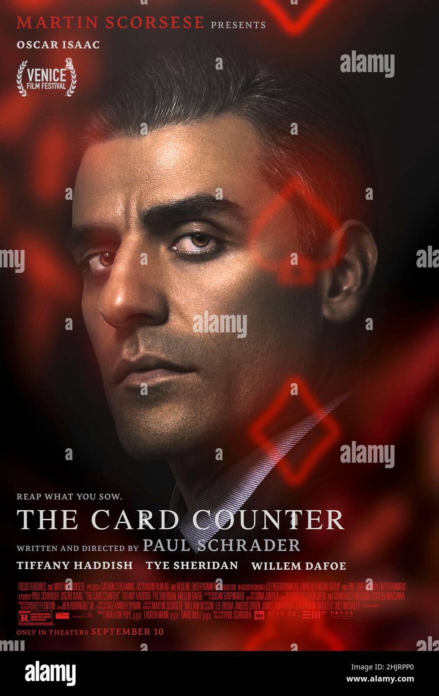 The Card Counter (2020) directed by Paul Schrader and starring Oscar Isaac, Tiffany Haddish and Tye Sheridan. Revenge thriller about an ex-military interrogator turned gambler haunted by the ghosts of his past. Stock Photo