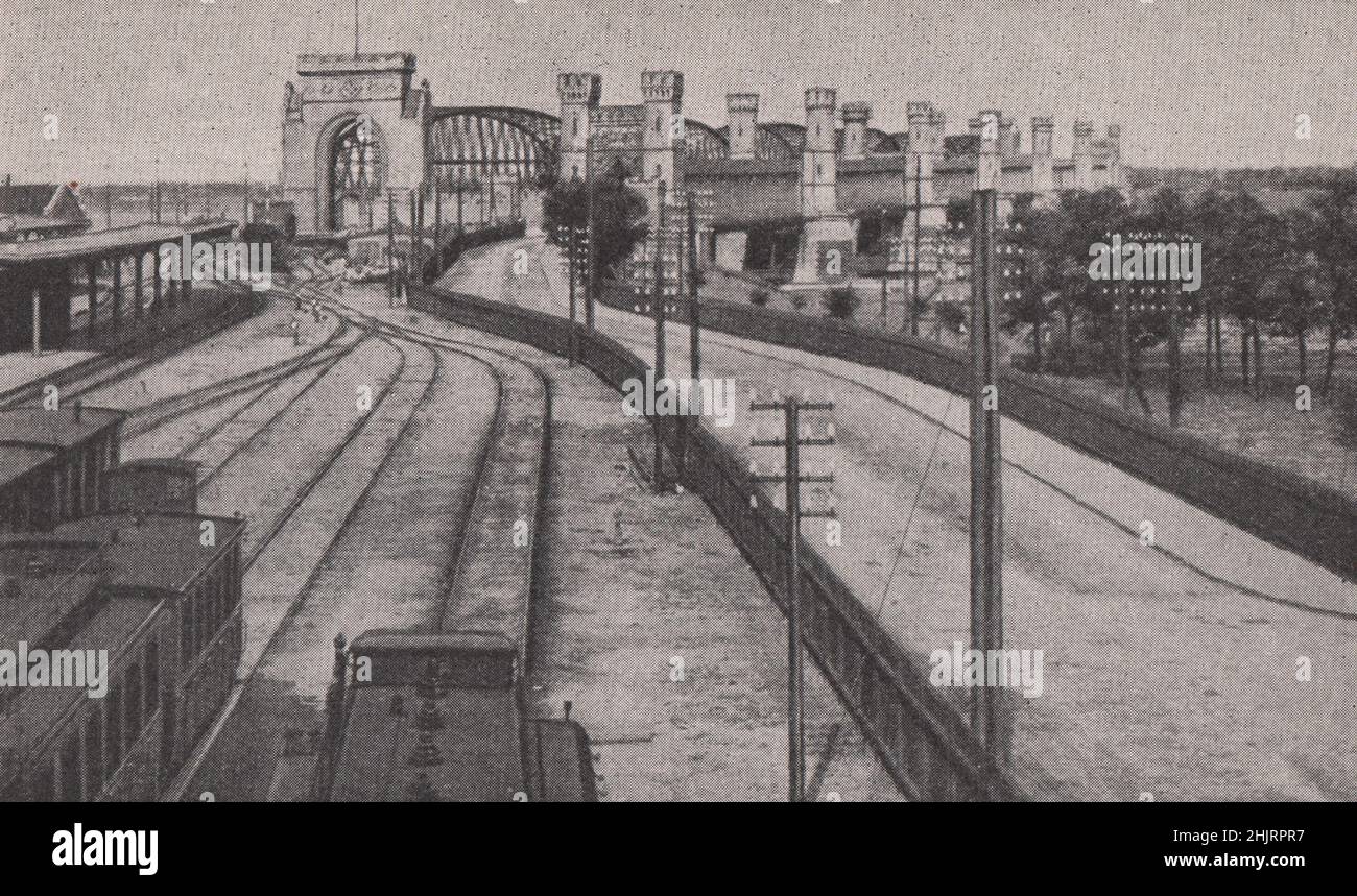 Railway and foot bridge over the Vistula at Dirschau. Poland (1923) Stock Photo