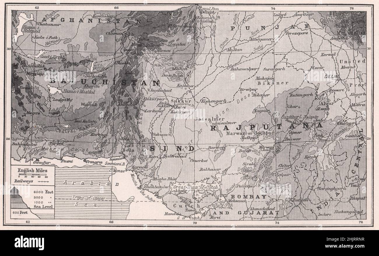 The parched and sandy plains that protect India from Western Invasion. Rajasthan (1923 map) Stock Photo