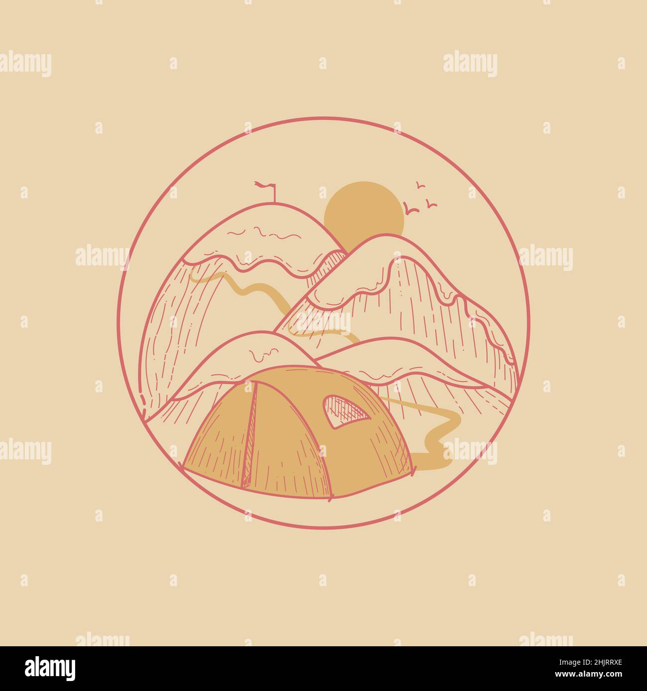 A camping emblem with hand-drawn doodle-style elements. Mountains, tent. Items for camping and outdoor recreation. Stock Vector