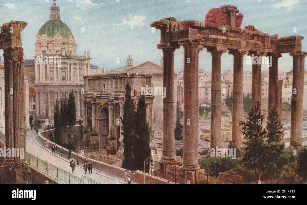 Palatine Hill. The Temple of Saturn face the domed church of Santa Martina e Luca & triumphal arch of the Emperor Septimius Severus. Rome (1923) Stock Photo