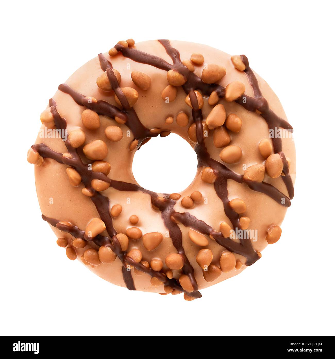 Donut in milk chocolate glaze with nuts isolated over white background with clipping path. Top view Stock Photo
