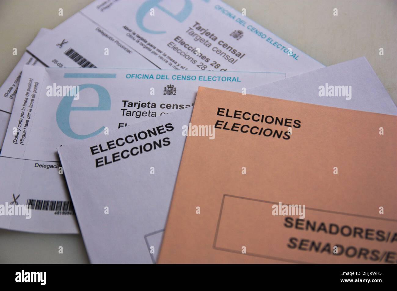 Envelopes for the votes of the general elections to the Spanish Congress and Senate, printed in two co-official languages, Spanish and Catalan, togeth Stock Photo
