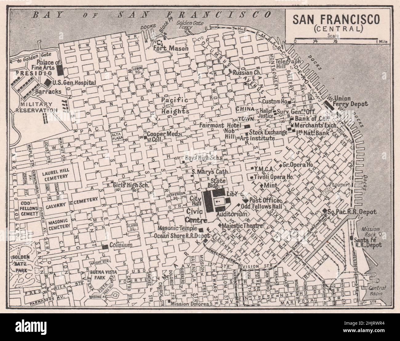 Street plan of San Francisco within the Golden Gate. California (1923 map) Stock Photo