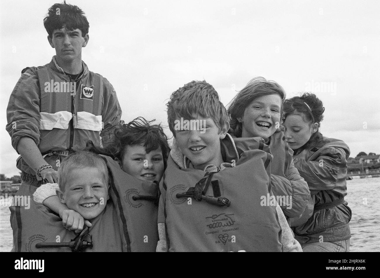 Kids on a boat tour, Water Sports Centre, July 06, 1986, Craigavon, Northern Ireland Stock Photo