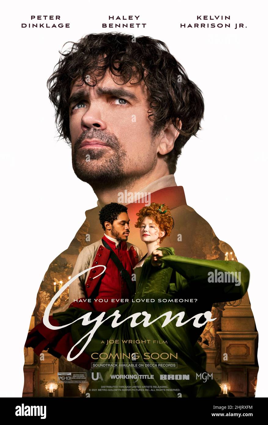 Cyrano (2021) directed by Joe Wright and starring Peter Dinklage, Haley Bennett and Kelvin Harrison Jr. Too self-conscious to woo Roxanne himself, wordsmith Cyrano de Bergerac helps young Christian nab her heart through love letters. Stock Photo