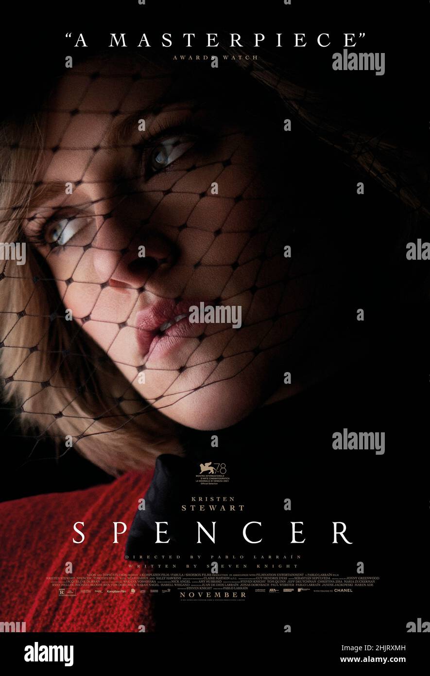 Spencer (2021) directed by Pablo Larraín and starring Kristen Stewart, Timothy Spall and Jack Nielen. During her Christmas holidays with the royal family at the Sandringham estate in Norfolk, England, Diana Spencer, struggling with mental health problems, decides to end her decade-long marriage to Prince Charles. Stock Photo