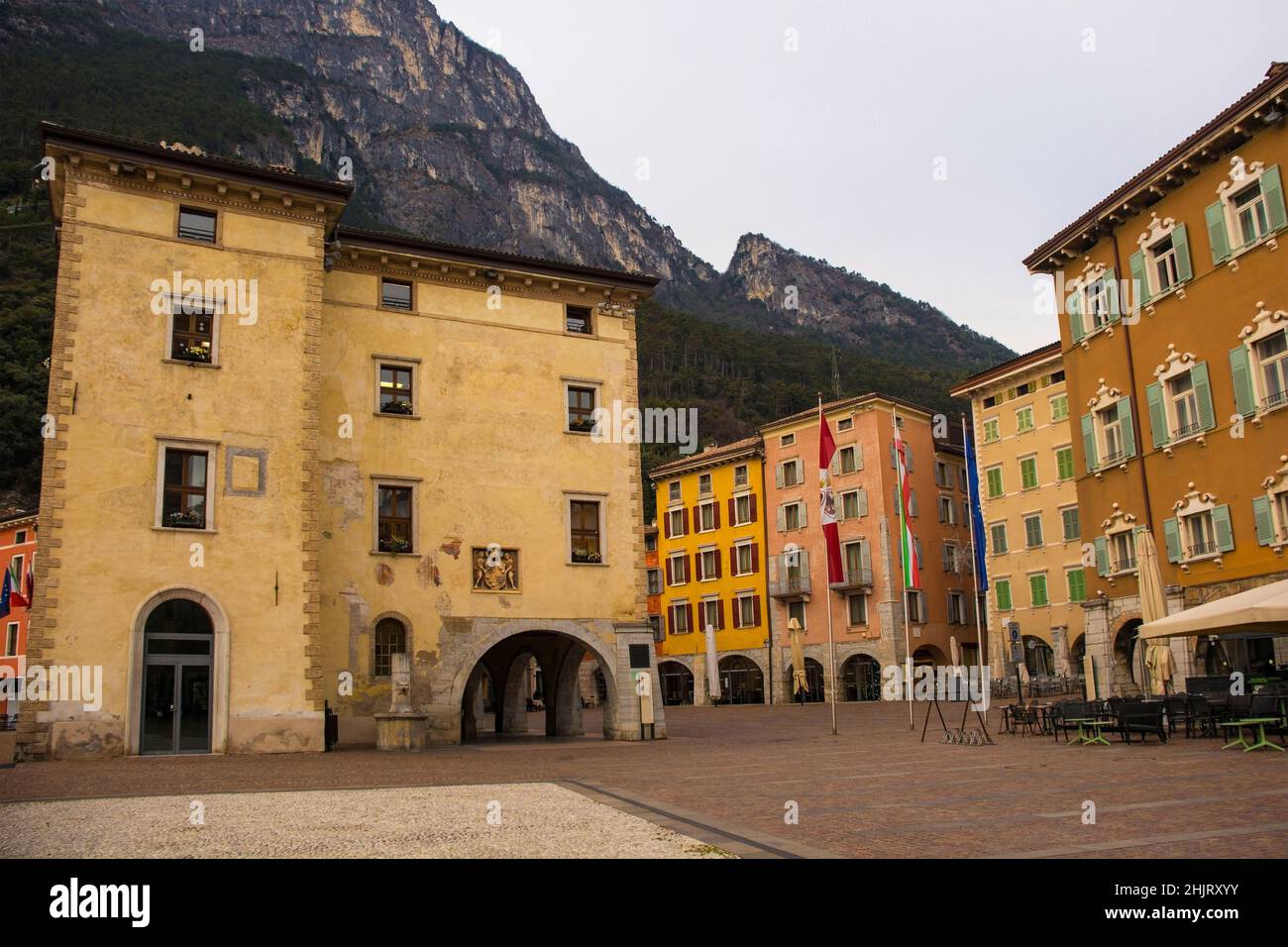 The historic Piazza Tre Novembre square in central Riva del Garda in the Trentino-Alto Adige region of Italy in winter Stock Photo