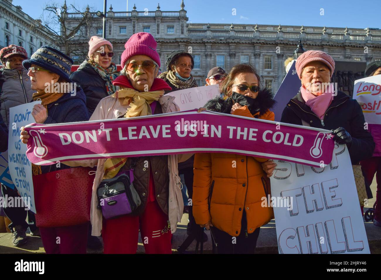 London, UK. 31st Jan, 2022. Protesters hold a 'Don't Leave Us In The Cold' banner during the rally.Charity organisation, Age UK were joined by demonstrators outside Downing Street as they delivered a letter to Boris Johnson signed by over 97700 people, urging the government to help elderly people with their energy bills. One million older people live in fuel poverty and are unable to afford the cost of heating during winter. (Photo by Vuk Valcic/SOPA Images/Sipa USA) Credit: Sipa USA/Alamy Live News Stock Photo