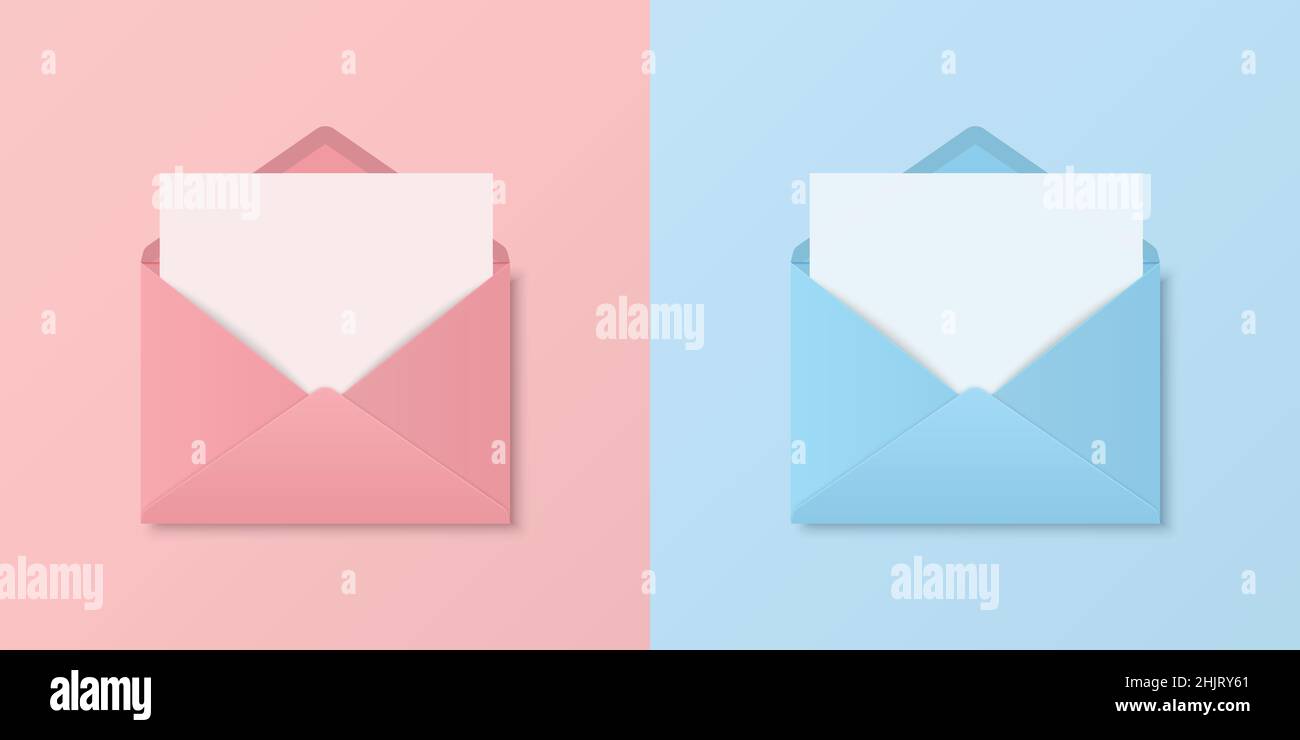 Vector 3d Realistic Open, Closed Pink, Blue Envelope Set. Isolated Envelopes. Blank, Empty Paper Sheet, Invitation, Message, Letter, Document. Design Stock Vector