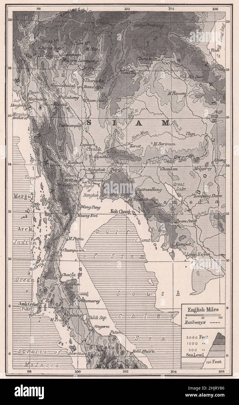 Siam, a wedge between Burma and Indo-China. Thailand (1923 map) Stock Photo