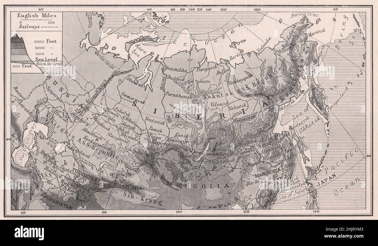 Siberia Stretching in Unexploited Loneliness from the Urals to Bering Strait. Russia (1923 map) Stock Photo