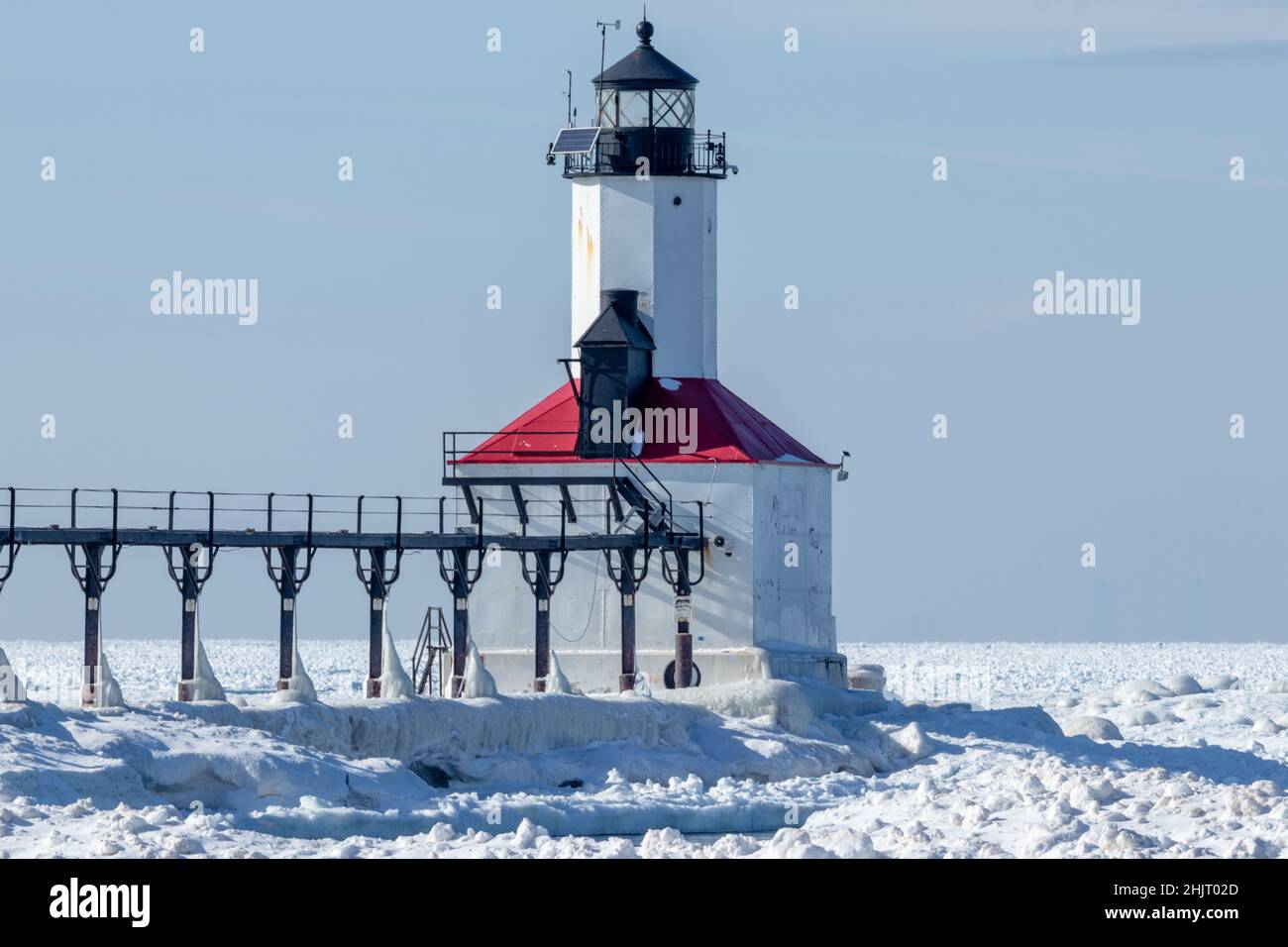Michigan City Indiana Lighthouse on Lake Michigan during winter Stock Photo