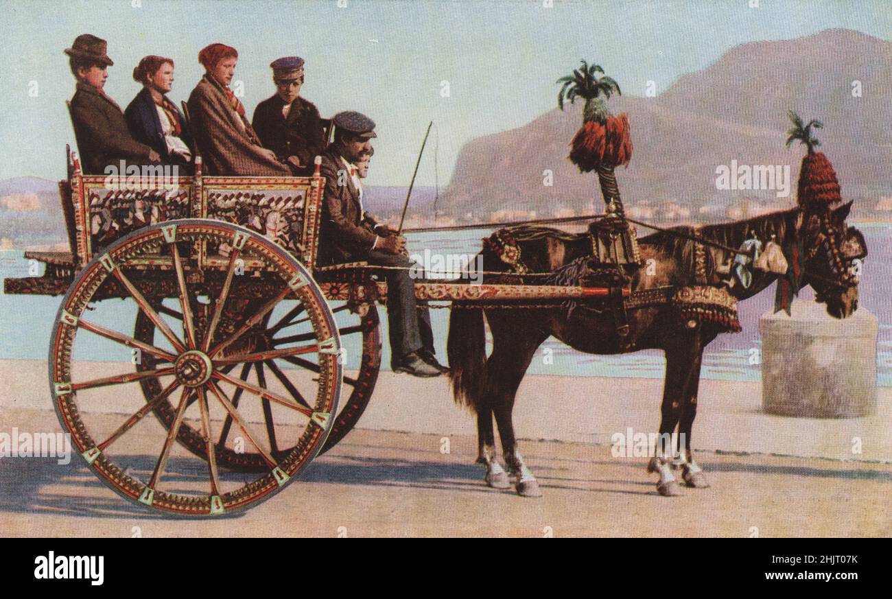 A cart at Palermo. The Harness & Shafts are bright with ornamentation & the horse, has plumes & ribbons. Italy. Sicily (1923) Stock Photo