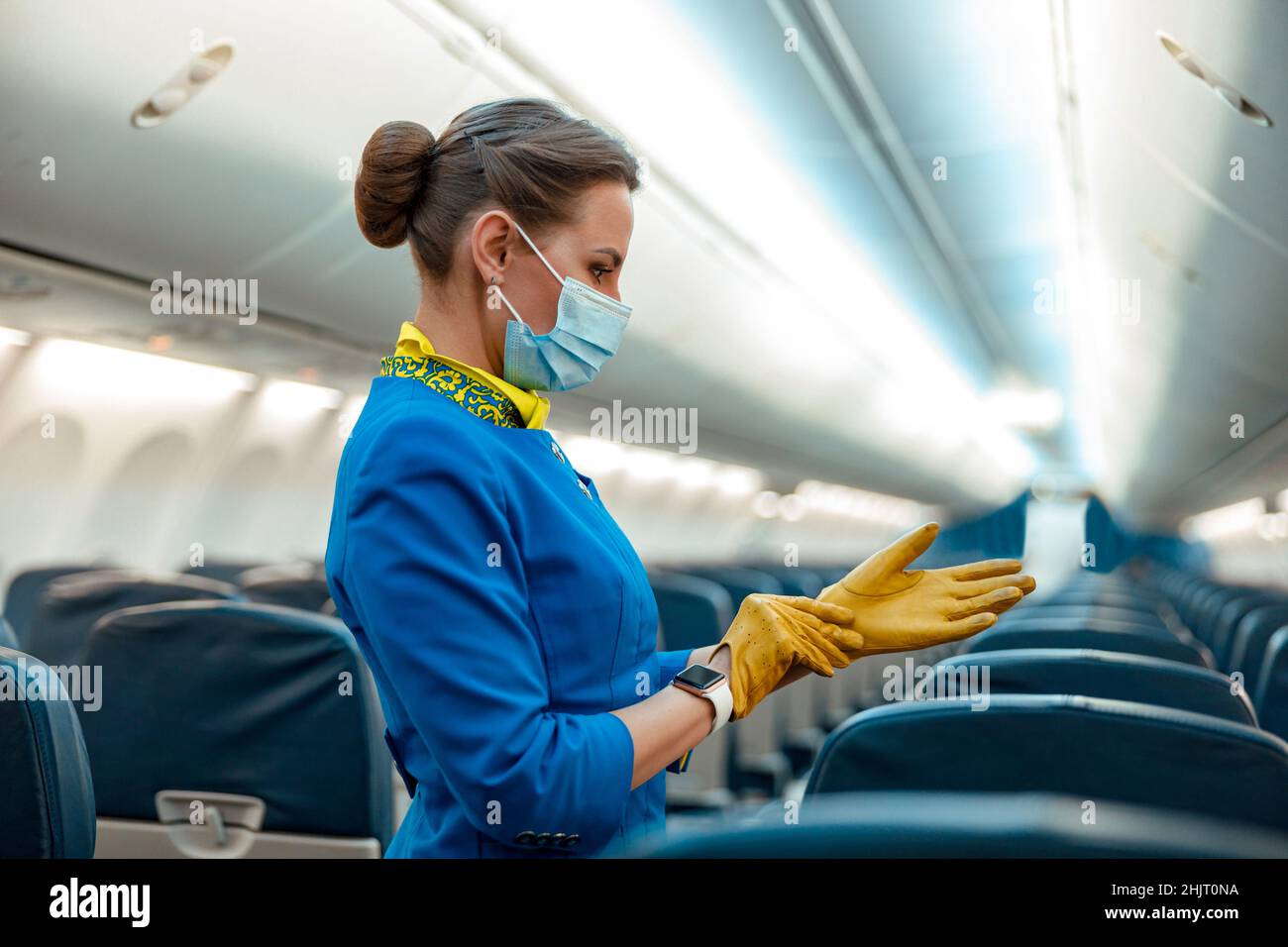 Stewardess in medical mask putting on gloves in airplane Stock Photo - Alamy