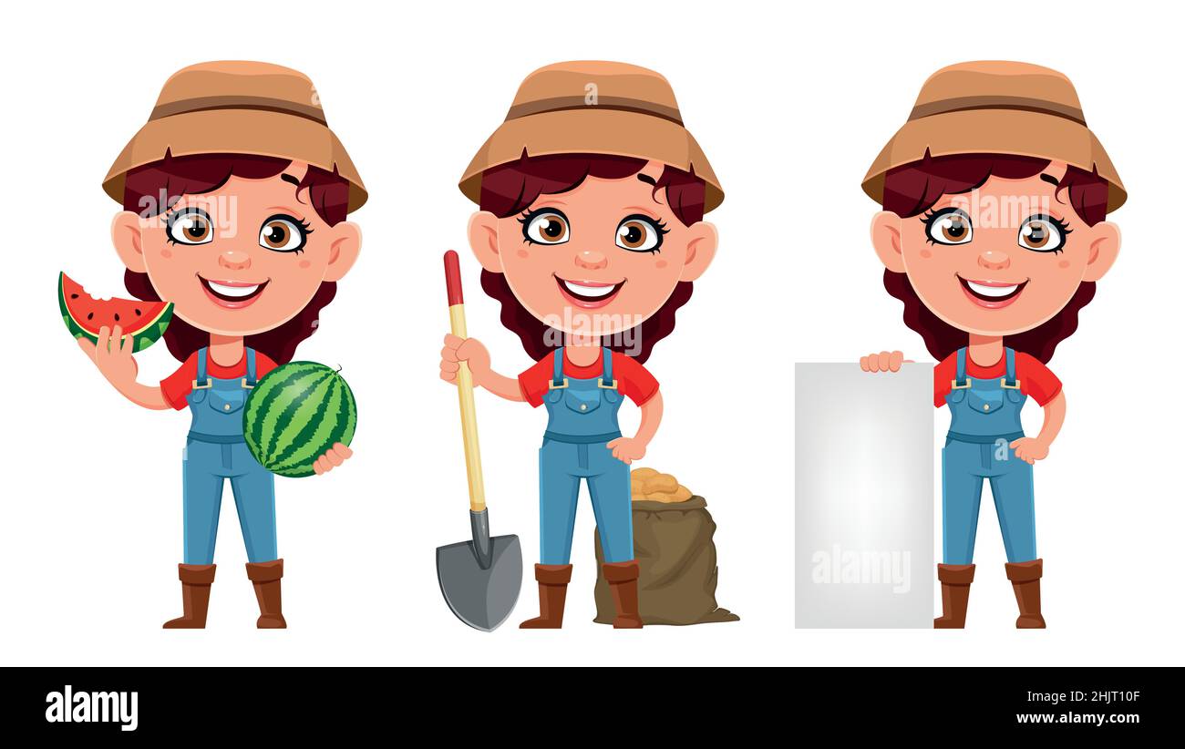 Farmer woman cartoon character, set of three poses. Cute girl farmer ...