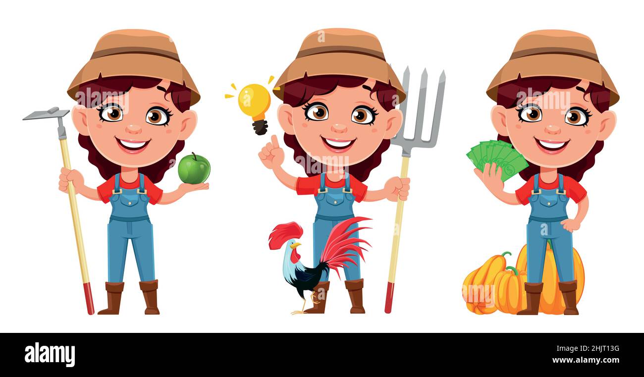 Farmer woman cartoon character, set of three poses. Cute girl farmer ...