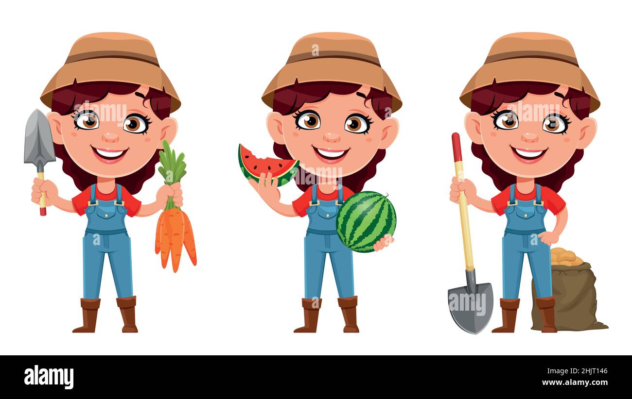 Farmer woman cartoon character, set of three poses. Cute girl farmer ...