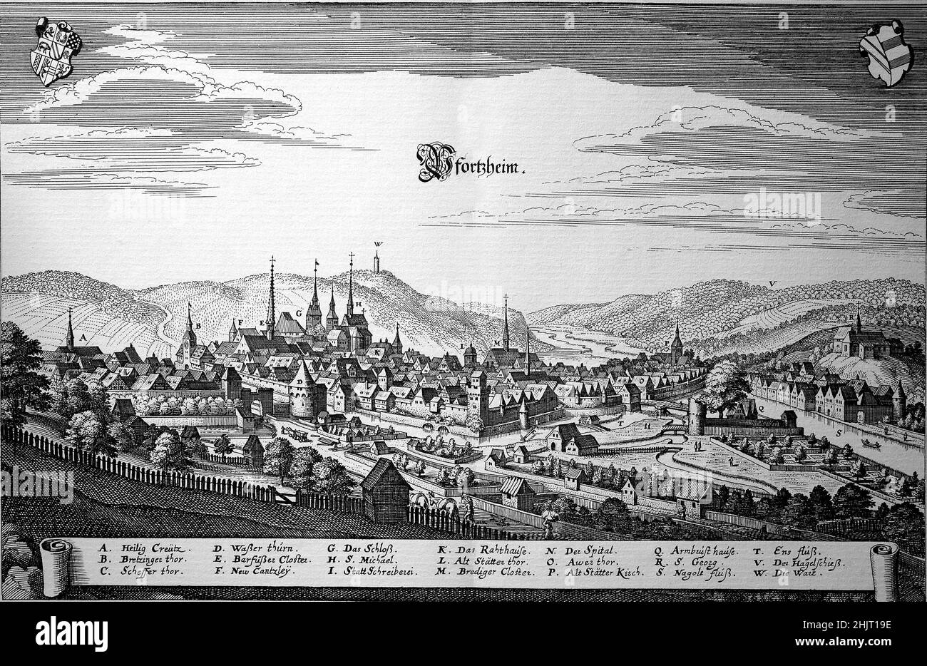 Pforzheim im Mittelalter, Baden-Württemberg, Deutschland  /  Pforzheim in the Middle Ages, Baden-Württemberg, Germany, historical, digital improved reproduction of an original from the 18th century / digital restaurierte Reproduktion einer Originalvorlage aus dem 18. Jahrhundert, genaues Originaldatum nicht bekannt Stock Photo