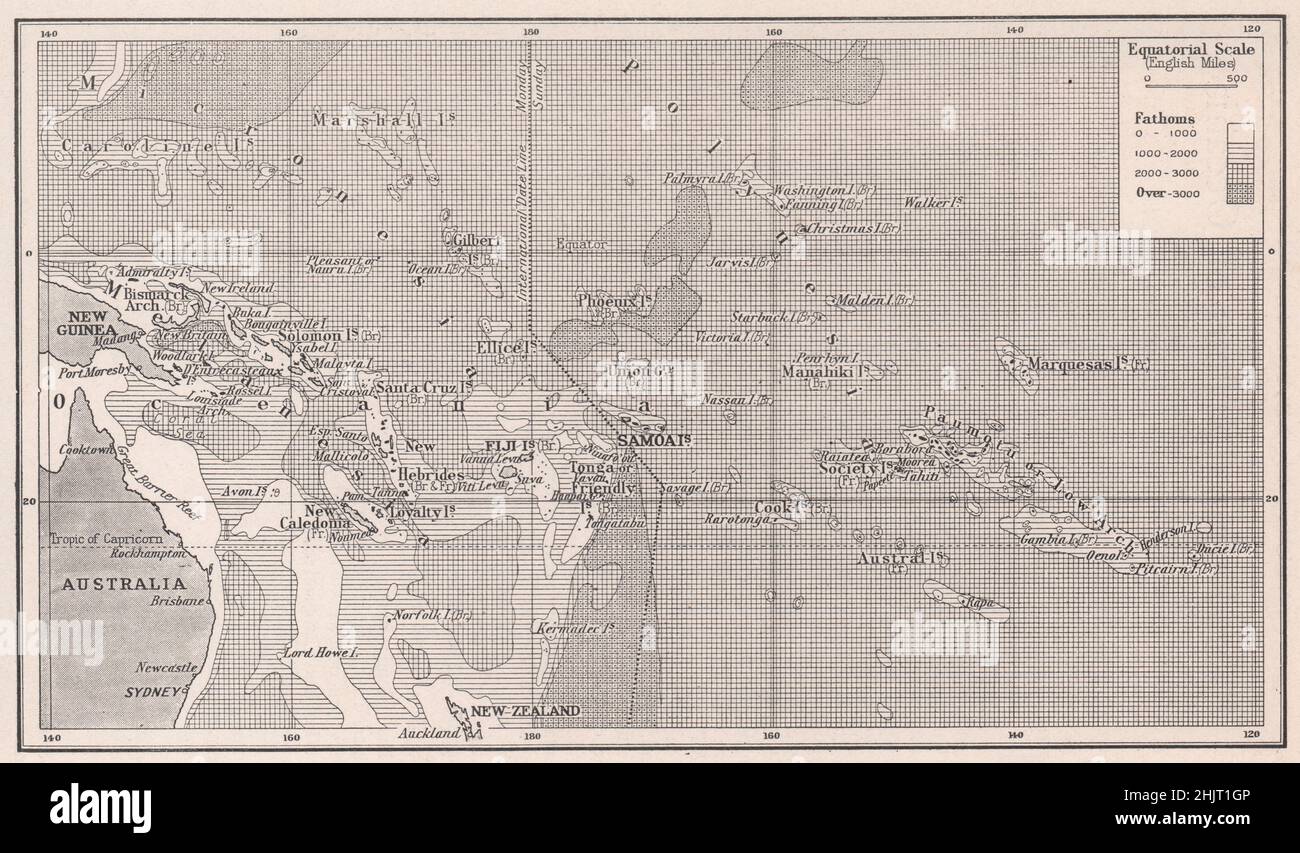 Shoals and depressions of the South Pacific with its Isles of Lava and Coral. South Pacific Islands (1923 map) Stock Photo
