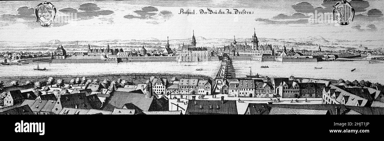 Dresden im Mittelalter, Sachsen, Deutschland  /  Dresden in the Middle Ages, Saxony, Germany, historical, digital improved reproduction of an original from the 18th century / digital restaurierte Reproduktion einer Originalvorlage aus dem 18. Jahrhundert, genaues Originaldatum nicht bekannt Stock Photo