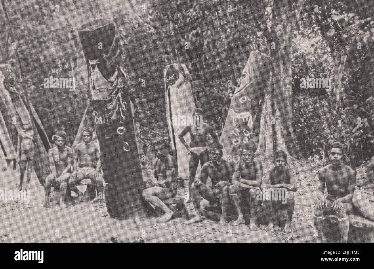 Natives of the New Hebrides in their ceremony grounds. Vanuatu. South