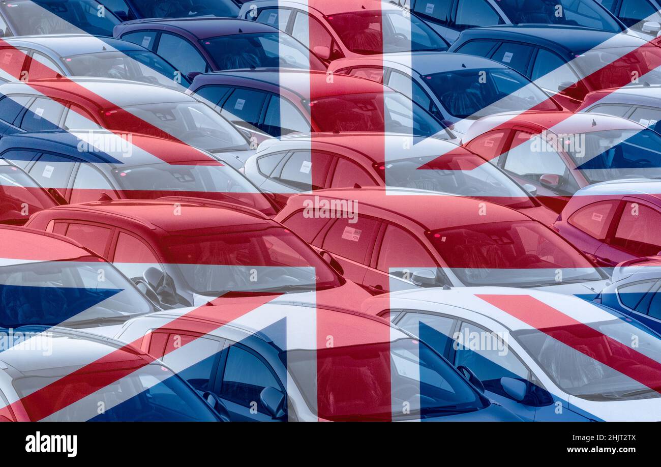 Union Jack, UK flag with new cars unloaded from ship. Brexit, new cars sales, shortage, net zero, global warming, UK manufacturing, economy...concept. Stock Photo