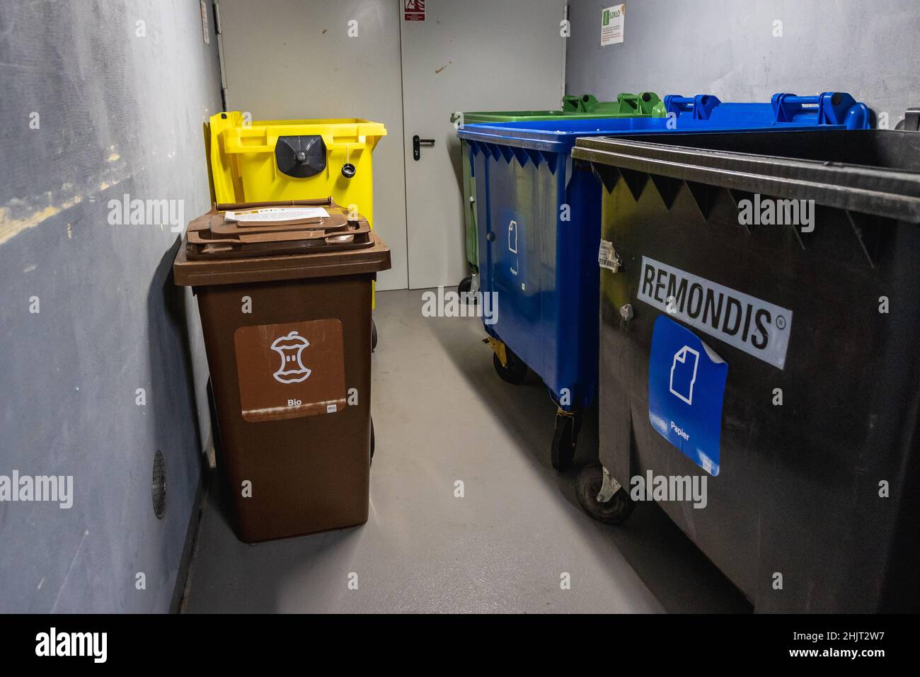 Recycling containers in apartment building in Warsaw, capital of Poland