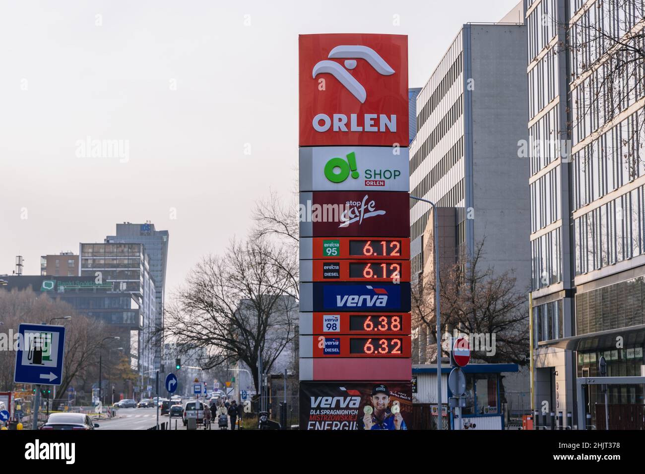 Sign with gas prices on Orlen petrol station of PKN Orlen company in