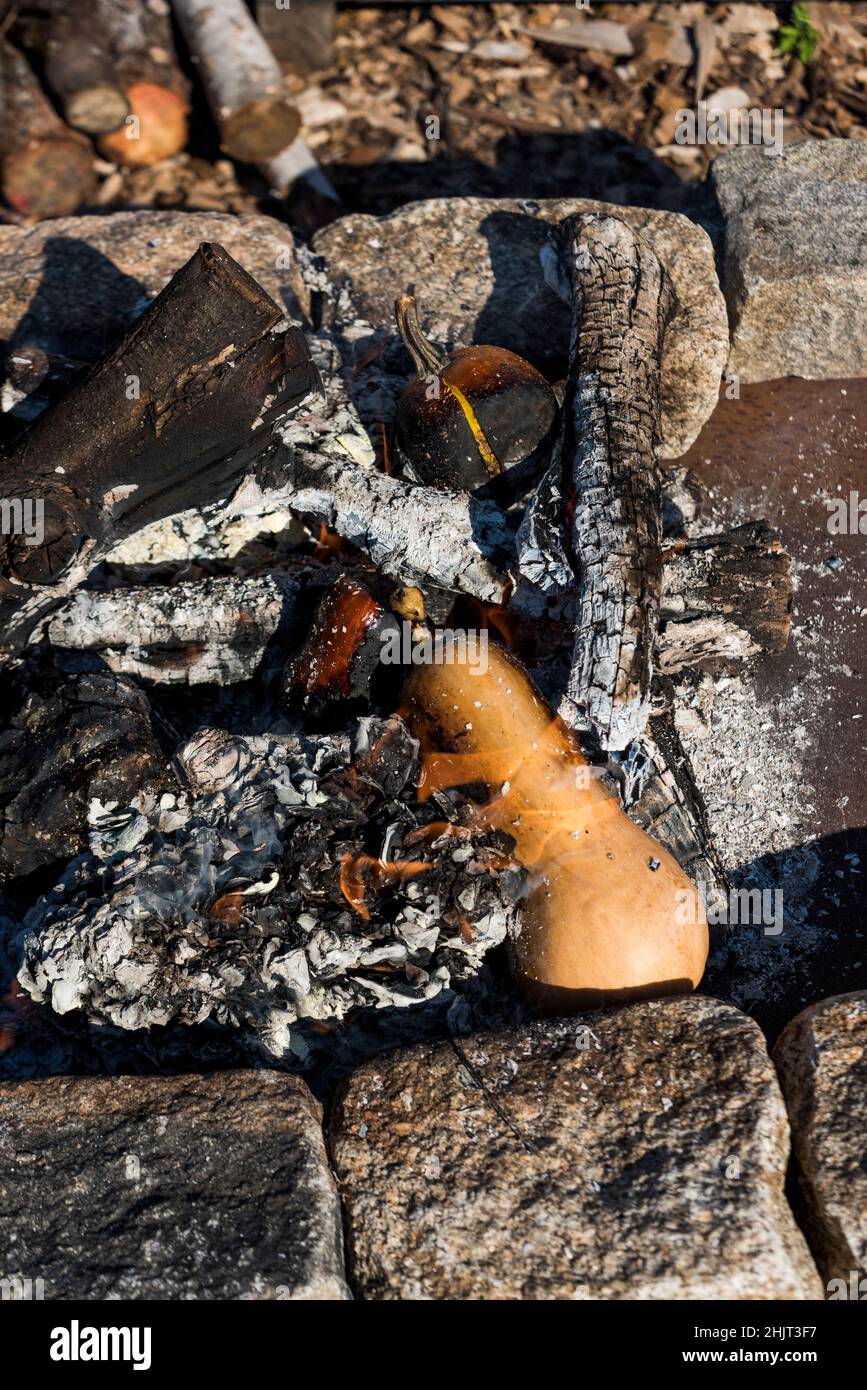 Assorted squash cooking directly on an open fire Stock Photo