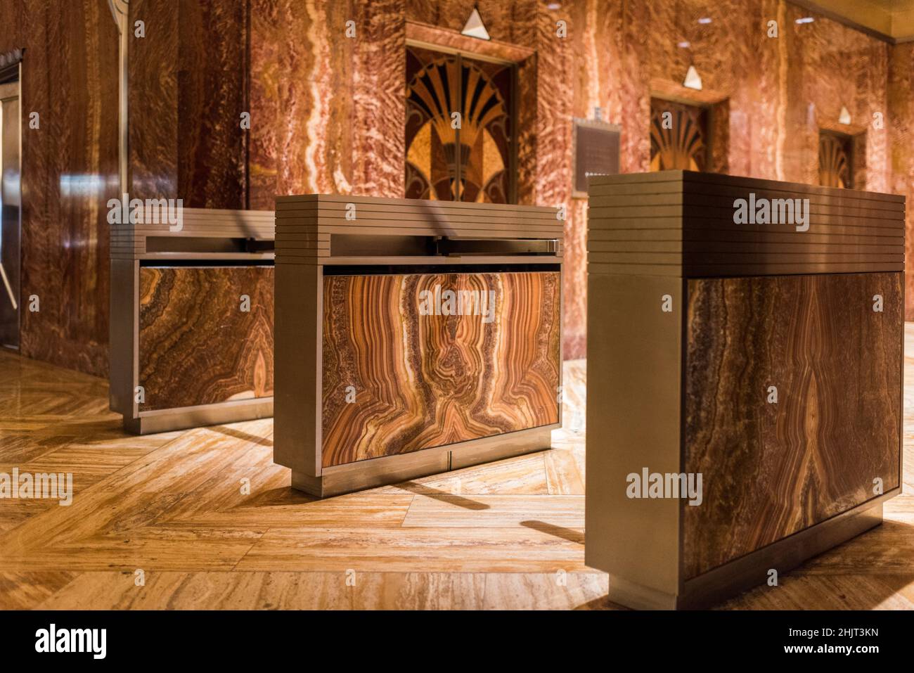 New York City, New York, USA - August 12, 2019: Marble and wood interior details of Chrysler building. Stock Photo