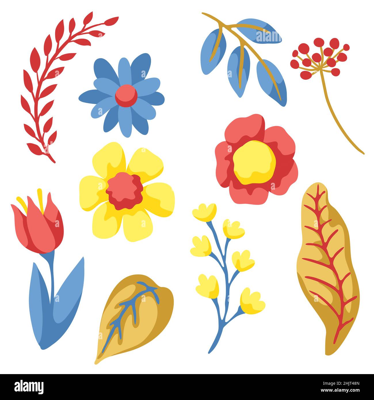 Set of spring flowers. Beautiful decorative natural plants and leaves ...