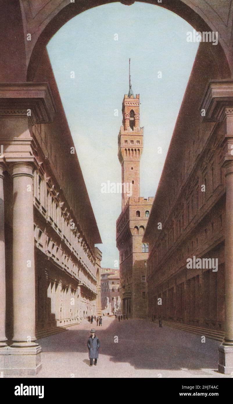 This avenue divides the Uffizi Picture Gallery and leads to the statues before the Palazzo Vecchio, town-hall of Florence. Italy. Tuscany  (1923) Stock Photo