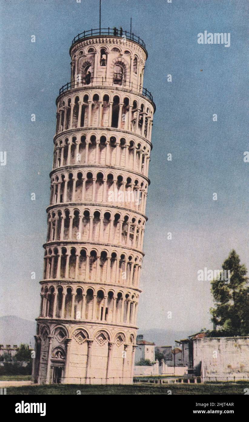 Completed in 1350, the campanile of Pisa Cathedral leans 14 feet from the perpendicular the foundations having sunk. Italy. Tuscany  (1923) Stock Photo