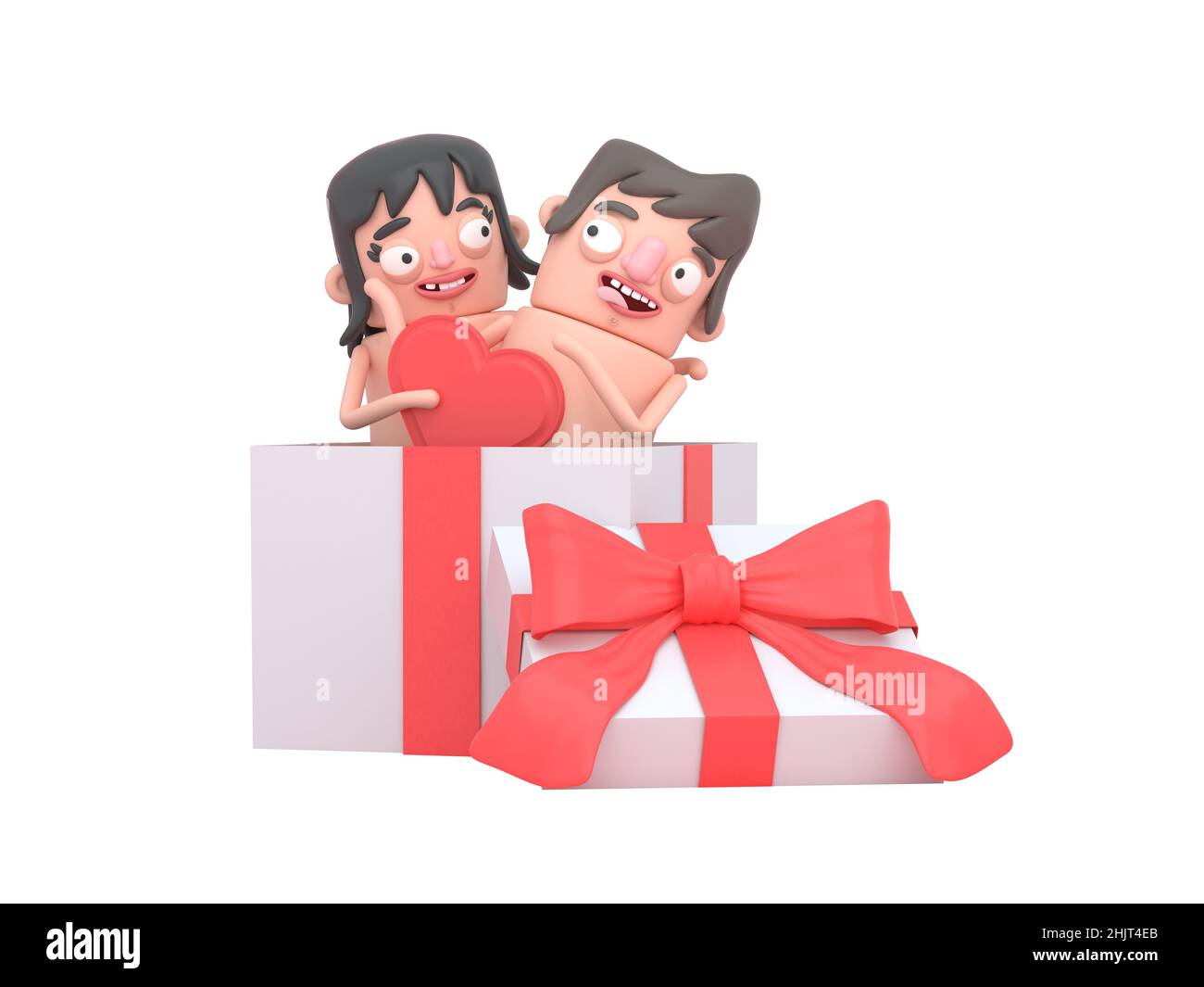 Couple in a big gif box touching each. Heart Red Shape. Love. Box gif. 3d illustration. Isolated. Stock Photo