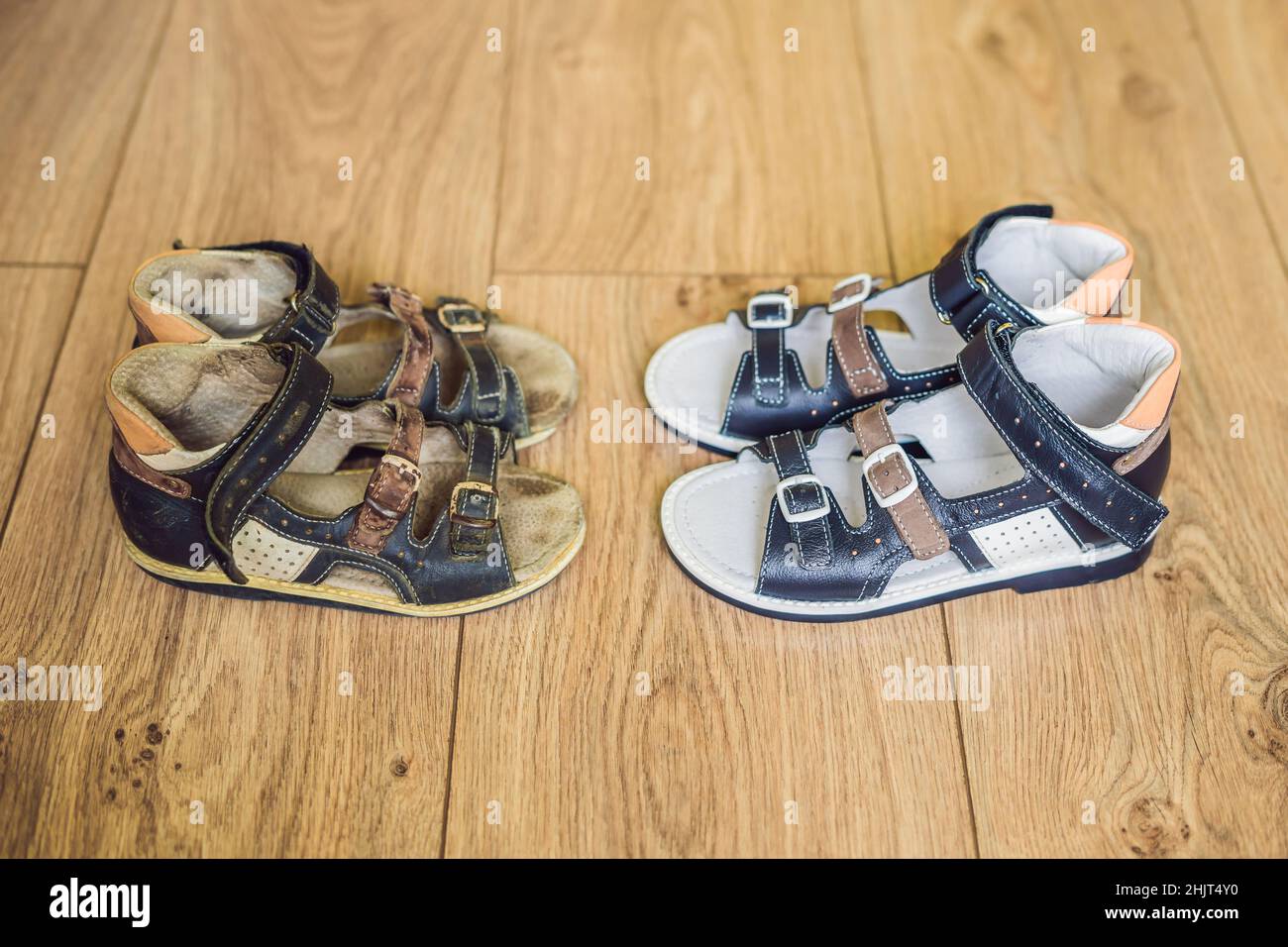 Old and new children's orthopedic shoes. Thomas Heel, arch support