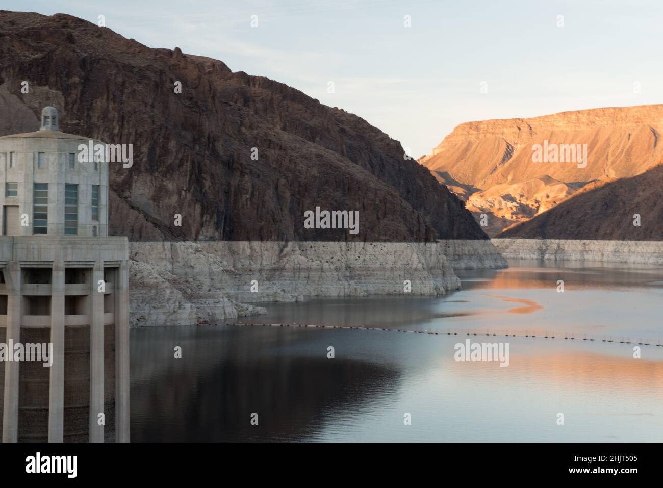 The view of Lake Mead from Hoover Dam in 2016 showing the white chalky