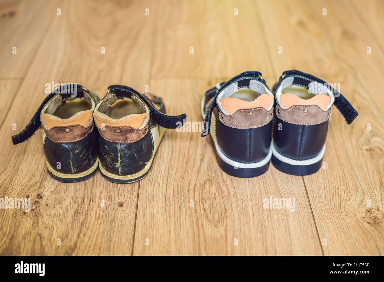 Old and new children's orthopedic shoes. Thomas Heel, arch support