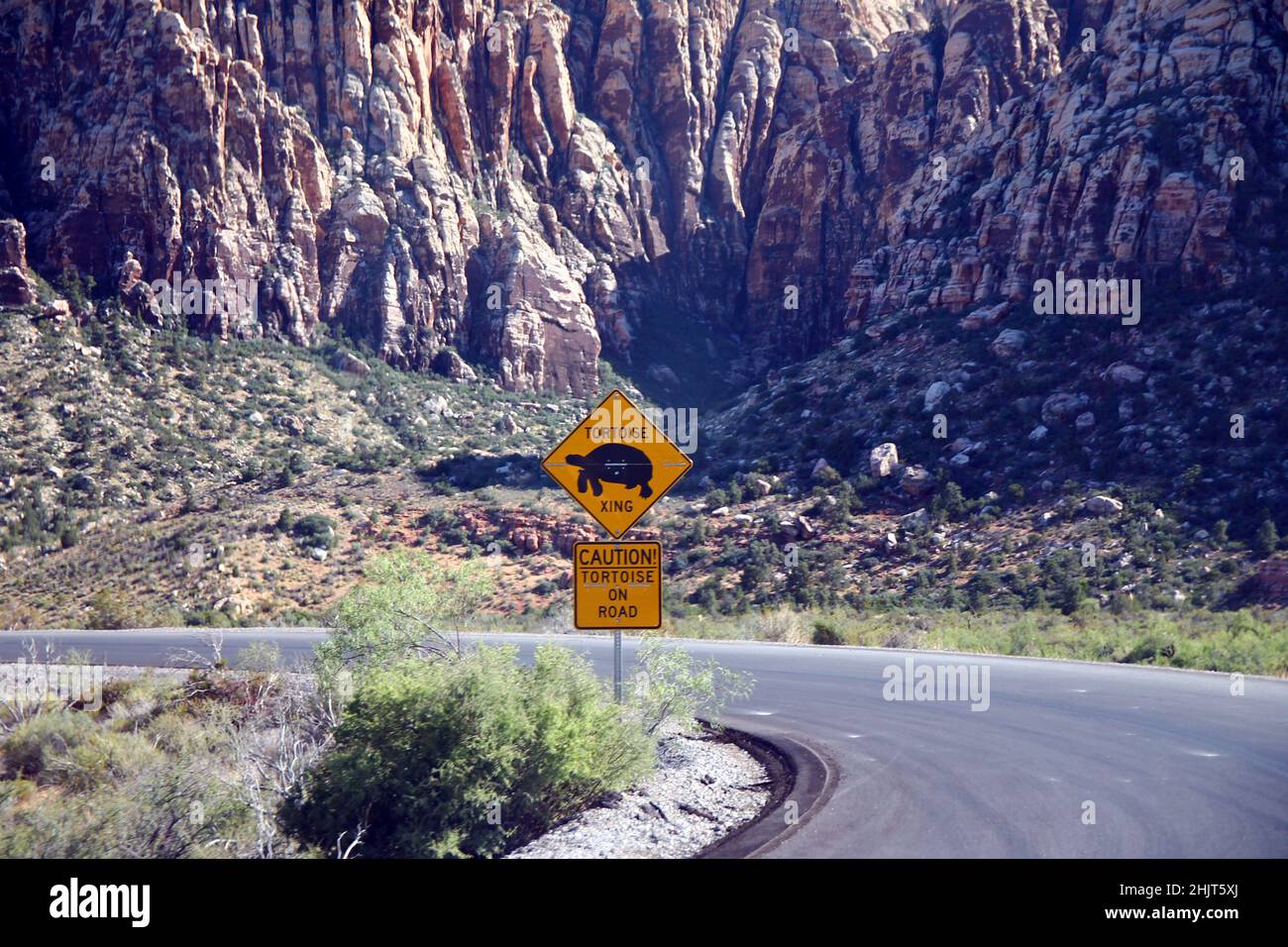 Caution, Turtles xing on the road sign in the Red Rock Canyon in Nevada Stock Photo