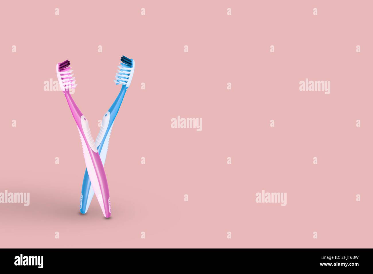 Creative idea made of two toothbrushes pink and blue bristles in an embrace, isolated on bright pink background. Copy space. Stock Photo