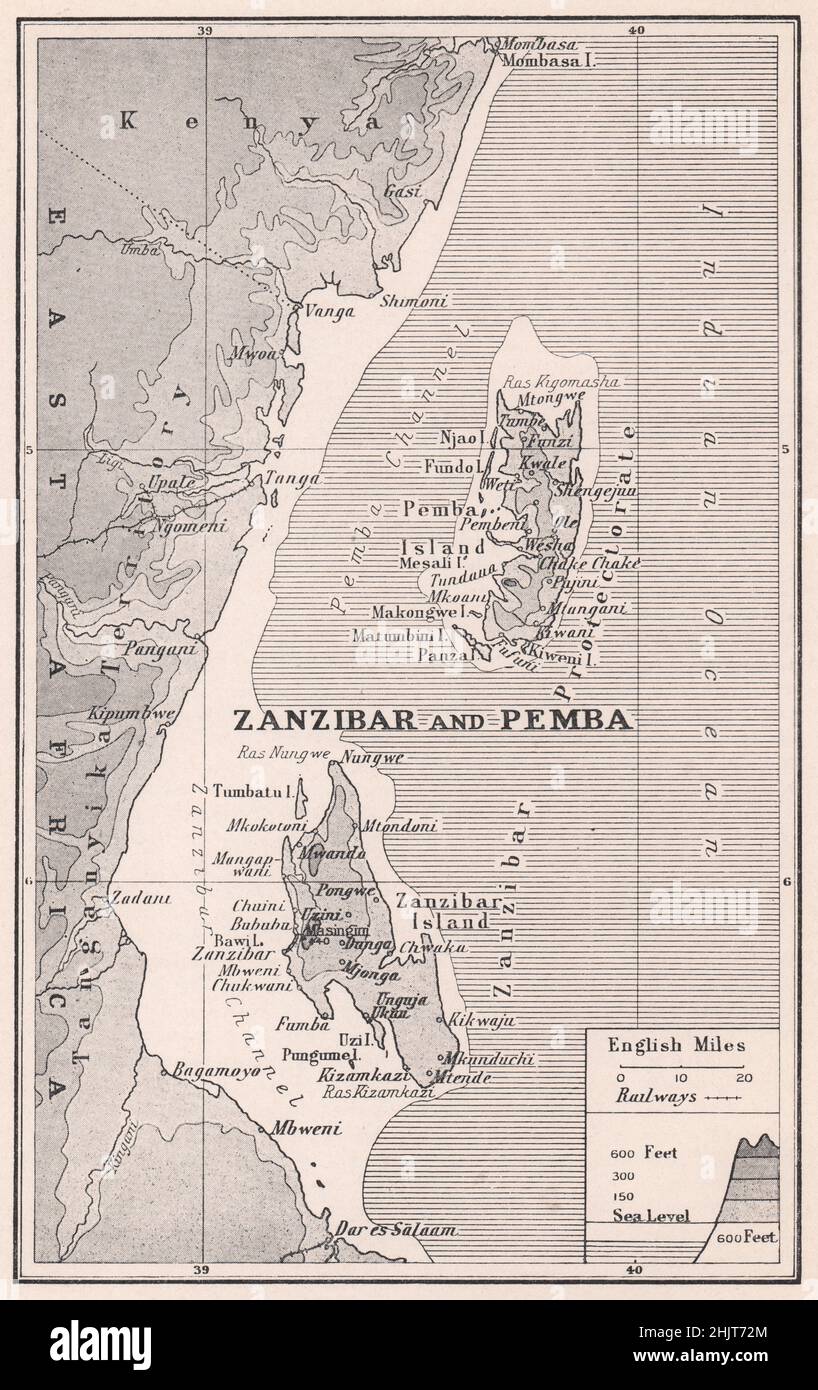 The Islands of the Sultanate of Zanzibar. Tanzania (1923 map) Stock Photo